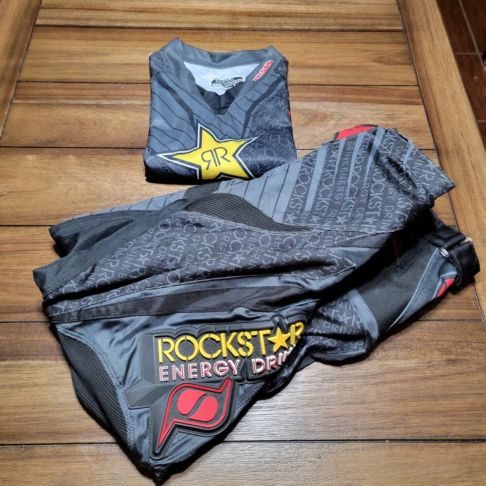 2 Pc Rockstar Energy Drink Rider MSR Dirt Bike Padded Pants (32) and LS Top (Lg)